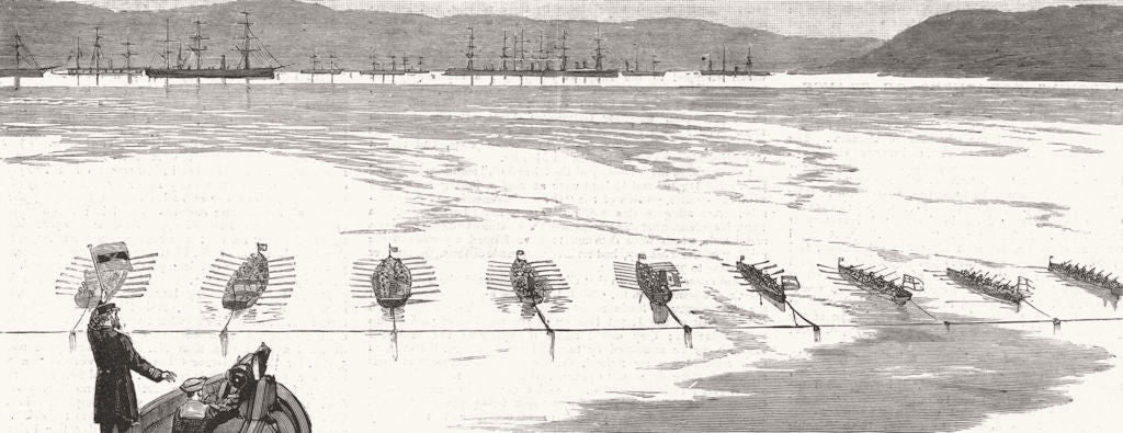 ROWING. Int'l regatta-start open allcomers race 1886 old antique print picture